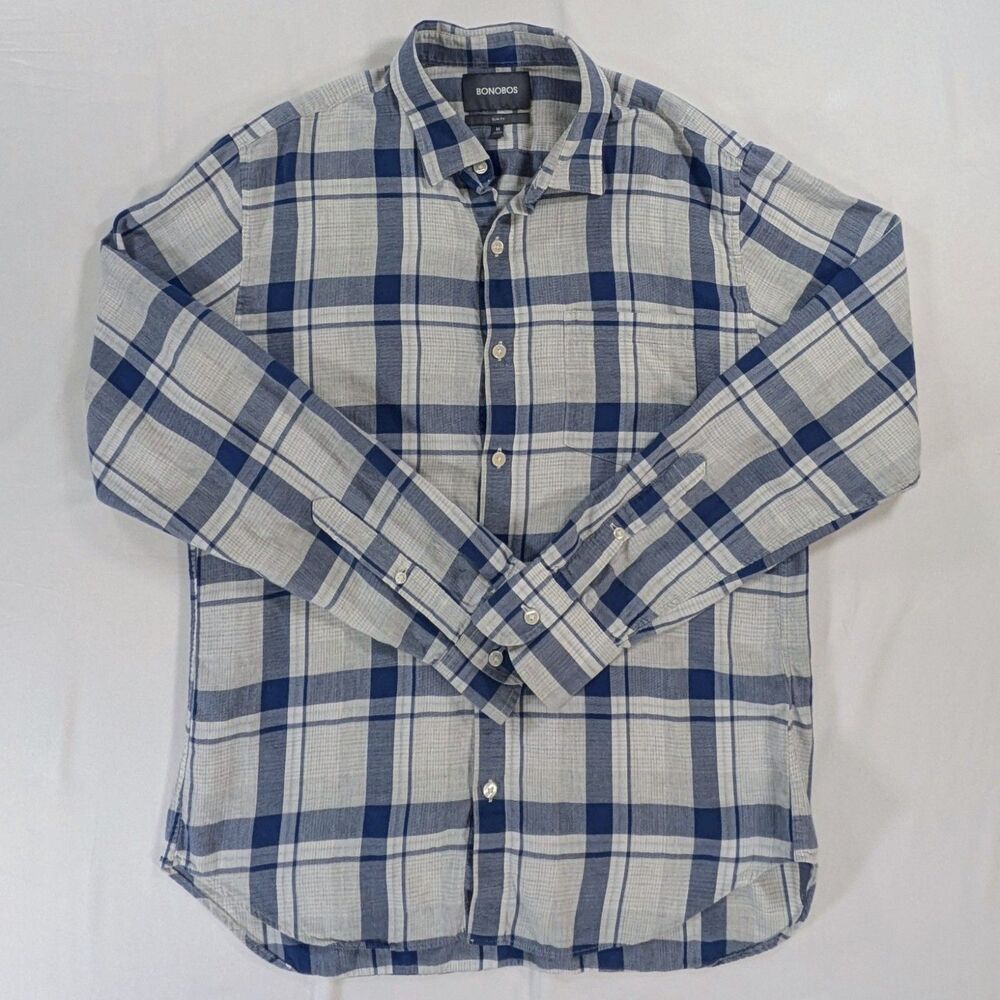Bonobos Men's Sz Med Slim Fit Plaid Long Sleeve Shirt Blue/ White Button-Down